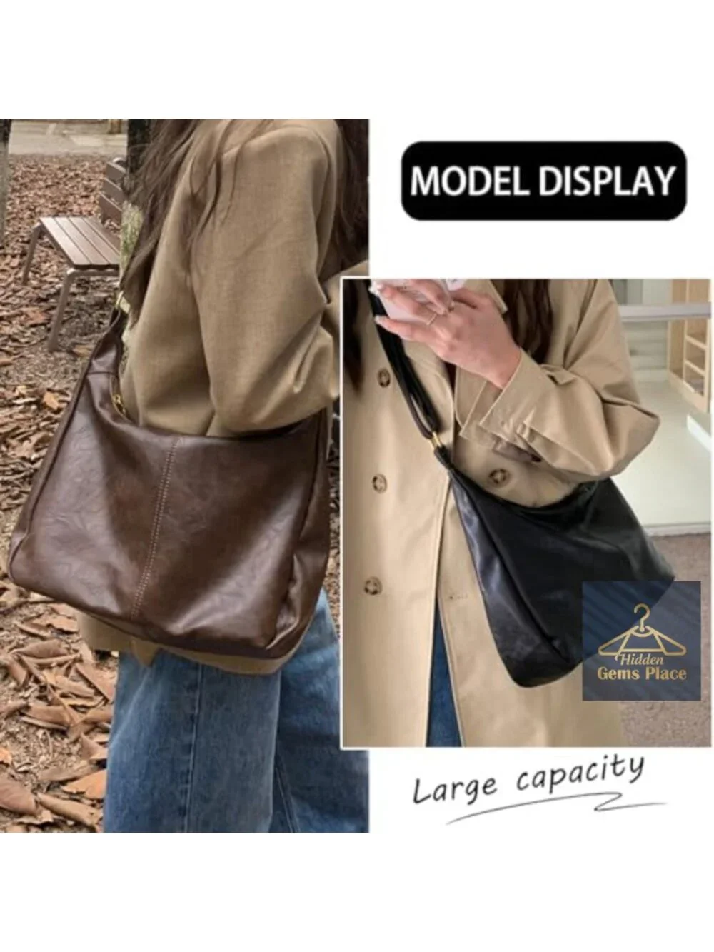 Vegan Leather Hobo Bag Soft Slouchy Shoulder Handbag Zipper Work Tote Travel